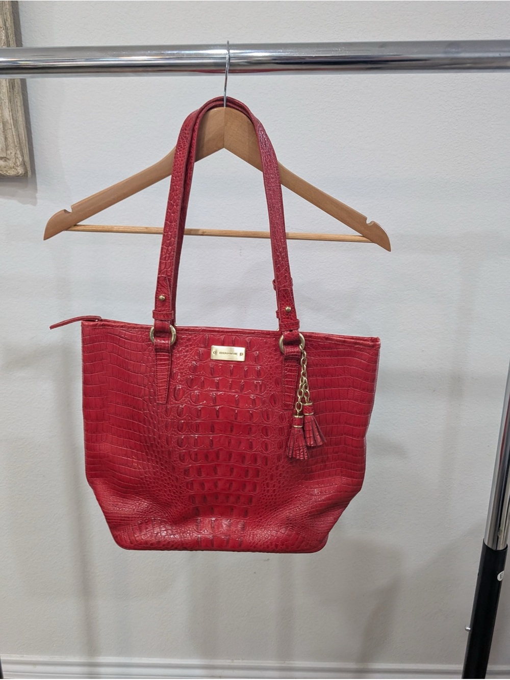 Brahmin Red Croc-Embossed Tote with Tassel Charm